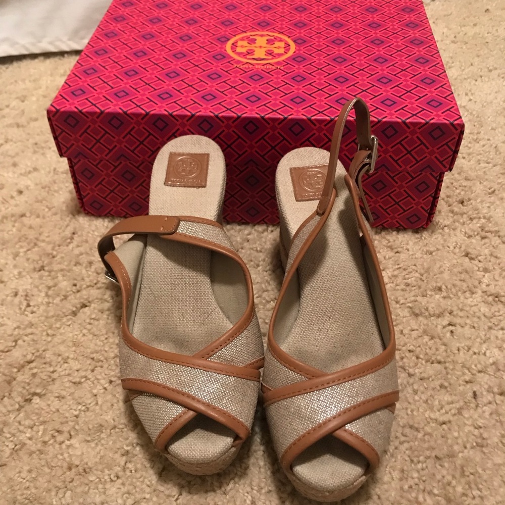 tory burch majorca gold and brown slingback wedge